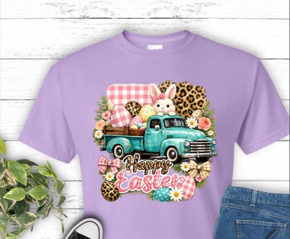 Preppy Easter Bunny Truck Shirt, Vintage Turquoise Easter Graphic Tee