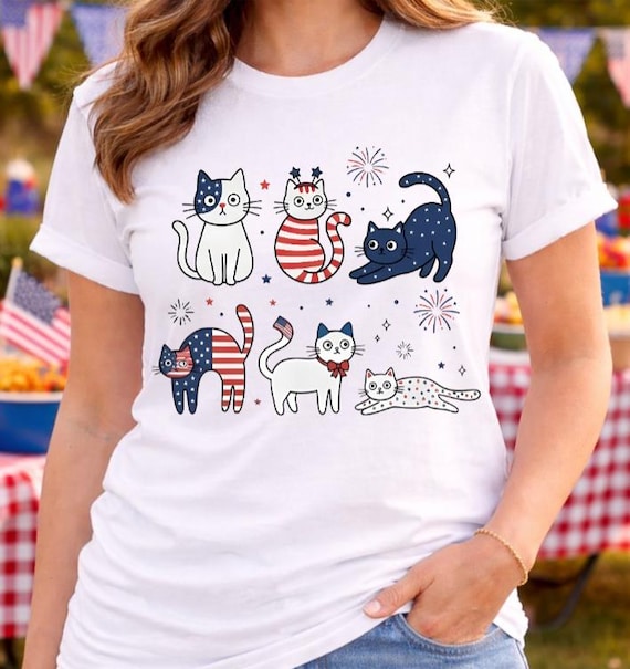 Patriotic Cats USA Flag Tee, Fourth of July Cat Lover Shirt
