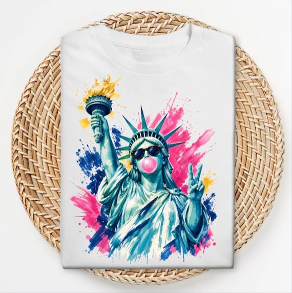 Statue of Liberty Bubble Gum Graphic Tee, Patriotic USA Paint Splash Shirt