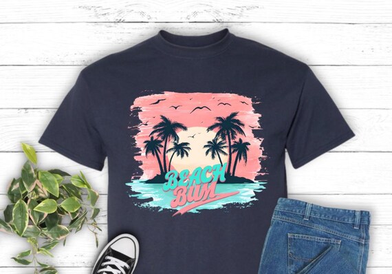 Retro Beach Bum Sunset Shirt, Tropical Palm Tree Graphic Tee