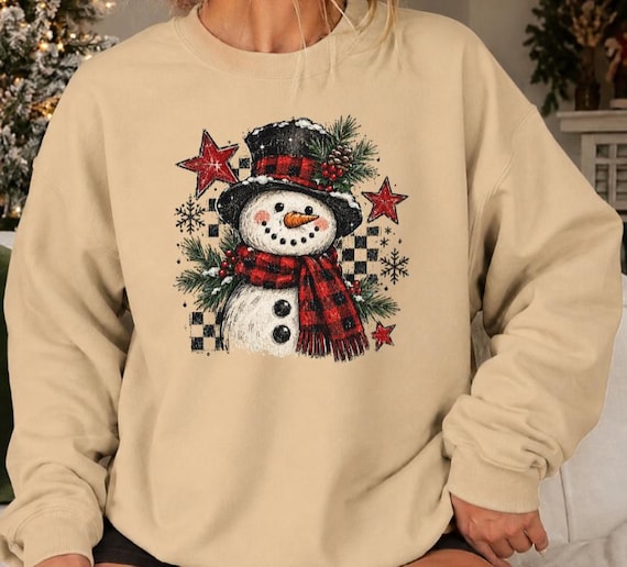 Snowman Christmas Sweatshirt, Buffalo Plaid Holiday Crewneck, Rustic Christmas Shirt, Winter Sweater