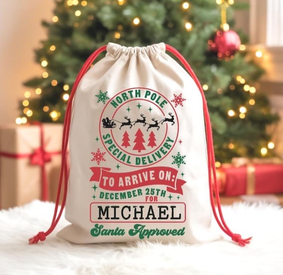 Personalized Santa Sack, Large Cotton Canvas Christmas Gift Bag, Custom Name North Pole Special Delivery Bag, Kids Holiday Gift Sack