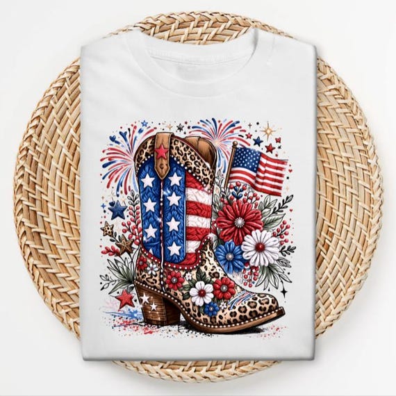Patriotic Cowboy Boots Shirt, Western 4th of July Tee, Leopard Print Cowgirl Boot Shirt, American Flag Western Graphic Tee