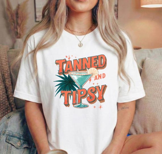 Tanned and Tipsy Martini Graphic Tee, Retro Summer Vacation Shirt