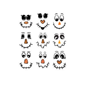 May include: Nine cartoon scarecrow faces with black eyes, orange noses, and stitched smiles. The faces are arranged in three rows of three, each with a unique expression. The overall design is simple and whimsical, perfect for fall-themed crafts.