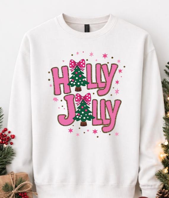 Pink Christmas Tree Sweatshirt, Holly Jolly Holiday Crewneck, Preppy Festive Apparel