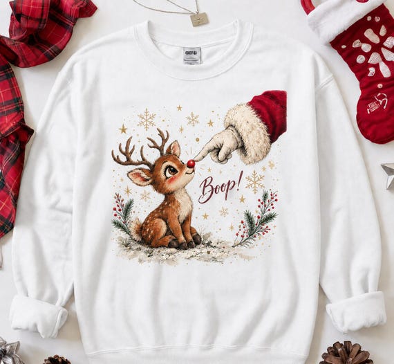 Boop Reindeer Christmas Sweatshirt, Cute Red Nose Deer Crewneck, Funny Holiday Sweater, Christmas Gift for Women
