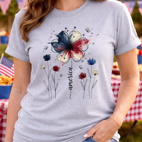 Patriotic Watercolor Floral Shirt, Red White Blue America Top