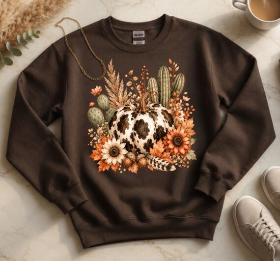 Cow Print Pumpkin Sweatshirt, Boho Floral Autumn Crewneck, Western Fall Sweater