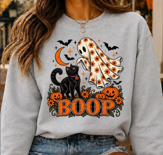 Ghost Cat Halloween Sweatshirt, Floral Boop Crewneck, Cute Spooky Season Gift for Cat Lovers