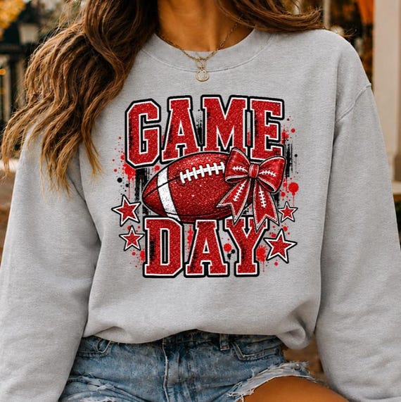 Game Day Football Sweatshirt, Red Glitter Bow Crewneck, Coquette Sports Shirt for Women