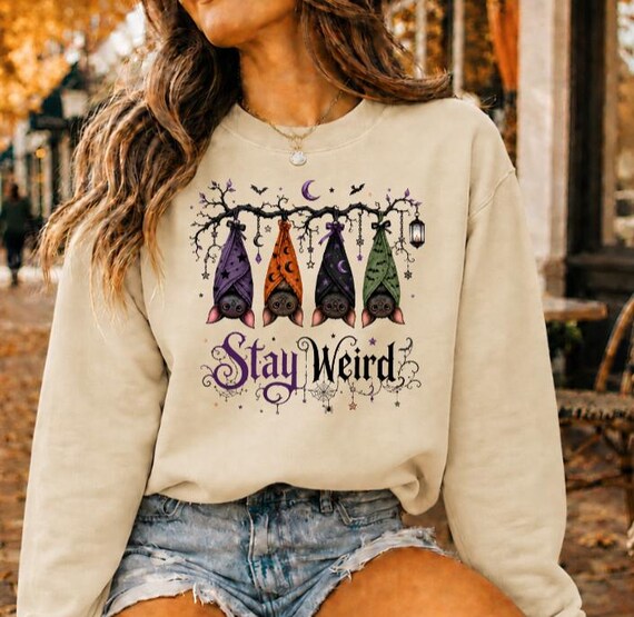 Stay Weird Bat Sweatshirt, Witchy Halloween Crewneck, Fall Sweater, Cute Gothic Halloween Shirt for Women