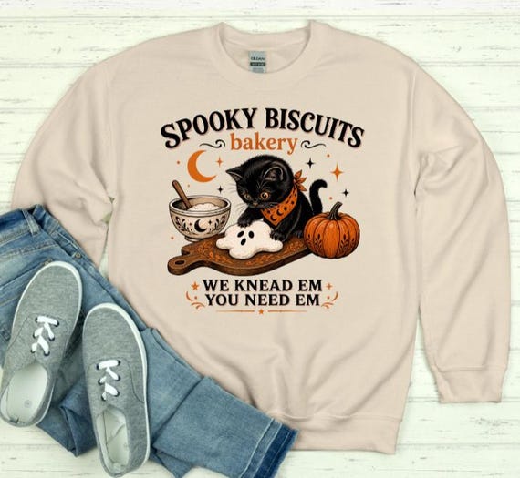 Spooky Biscuits Halloween Sweatshirt, Funny Black Cat Baking Crewneck, Cozy Fall Baker Shirt, Cat Lover Gift