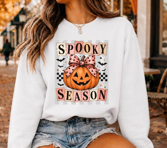 Spooky Season Sweatshirt, Preppy Halloween Shirt, Pumpkin Bow Crewneck, Cute Retro Halloween Sweatshirt, Jack O Lantern Shirt