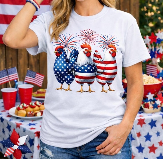 Patriotic Chicken Shirt, 4th of July Chicken Tee, Funny USA Flag Farm Shirt, Fireworks Rooster Shirt, Independence Day Women’s T-Shirt