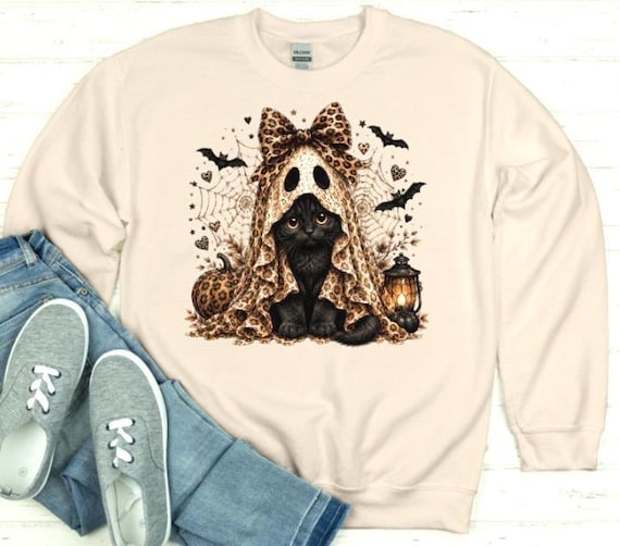 Black Cat Ghost Sweatshirt, Leopard Print Halloween Crewneck, Spooky Season Sweater