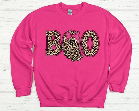 Leopard BOO Ghost Sweatshirt, Cute Halloween Sweatshirt, Pink Bow Ghost Shirt, Spooky Season Crewneck, Fall Graphic Sweatshirt
