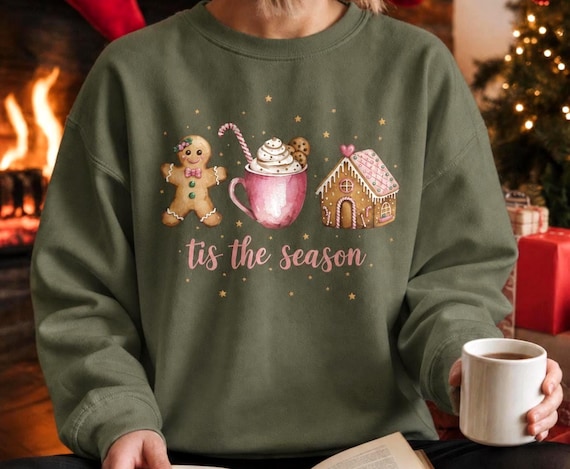 Gingerbread Christmas Sweatshirt for Women, Tis the Season Shirt, Hot Cocoa Holiday Crewneck, Cute Cozy Christmas Sweater