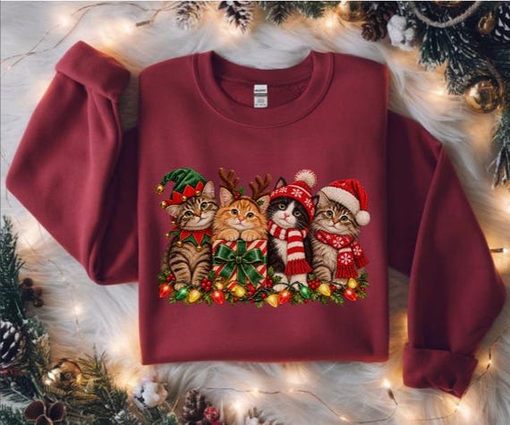 Christmas Cat Sweatshirt, Cute Holiday Kittens Crewneck, Cozy Christmas Shirt