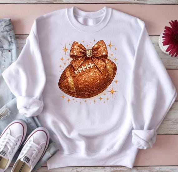 Glitter Football Bow Sweatshirt, Coquette Game Day Crewneck, Sparkle Graphic Tee
