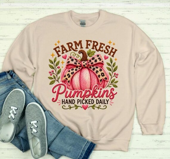 Farm Fresh Pumpkins Sweatshirt, Women’s Fall Crewneck, Pink Pumpkin Leopard Bow Shirt, Pumpkin Patch Outfit, Cozy Autumn Apparel