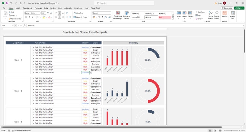 May include: A spreadsheet with a goal and action planner template. The spreadsheet includes columns for goal name, action plan, priority, status, and summary. The summary section includes a bar chart and a pie chart. The spreadsheet is in Microsoft Excel.