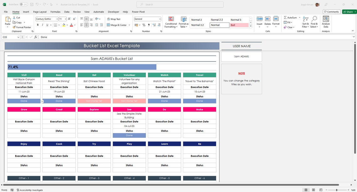 Bucket List Excel Template, Personel Bucket List Tracker, Editable Excel Spreadsheet Etsy
