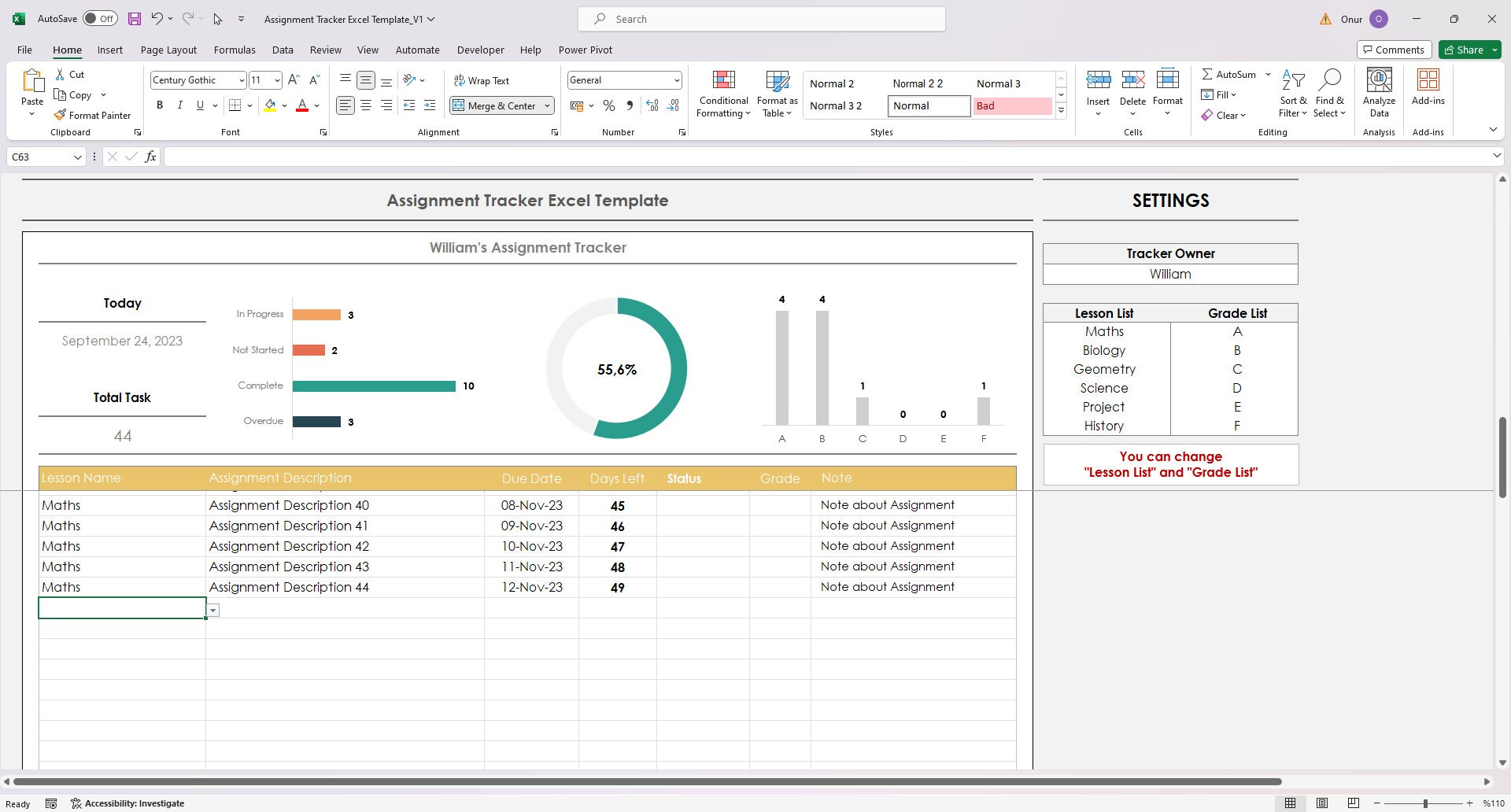 Assignment Tracker Excel Template: Homework Planner (digital Download ...