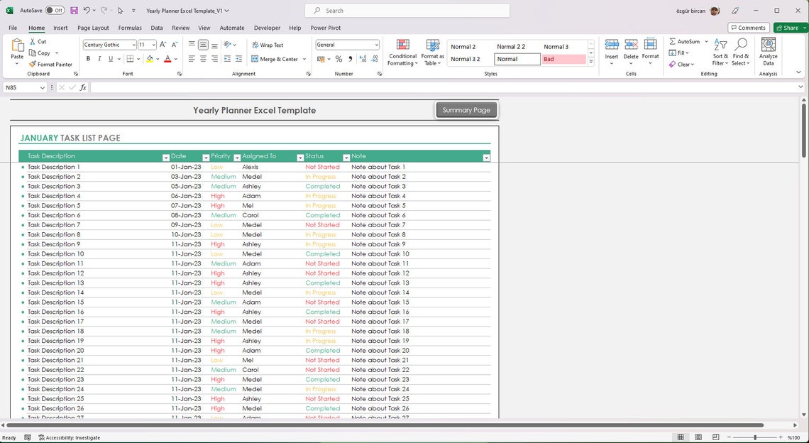 Yearly Planner Excel Template, Yearly Task Tracker Excel Template ...