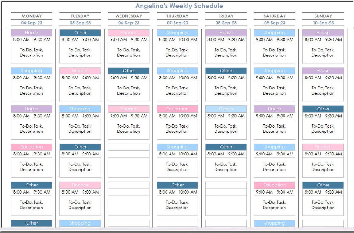 Weekly Schedule Excel Template, Weekly Personel Planner Excel Template ...