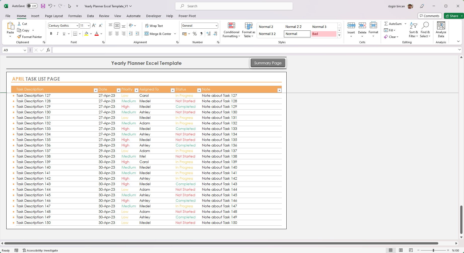 Yearly Planner Excel Template, Yearly Task Tracker Excel Template ...