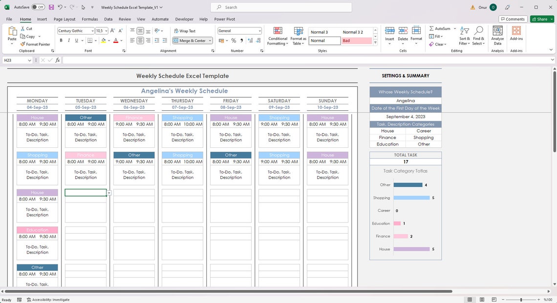 Weekly Schedule Excel Template, Weekly Personel Planner Excel Template ...