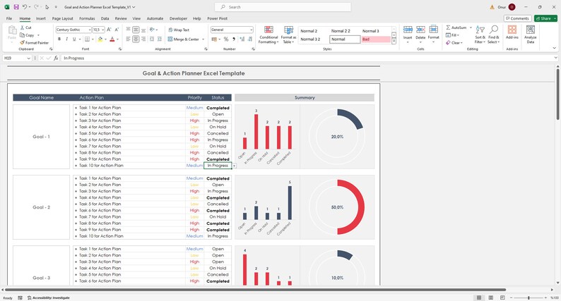 May include: A spreadsheet with a goal and action planner template. The spreadsheet has columns for goal name, action plan, priority, status, and summary. The summary section includes a bar chart and a pie chart.
