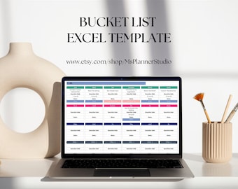 Op de afbeelding: Een laptopcomputer die een spreadsheet met een bucketlist-sjabloon weergeeft. De spreadsheet heeft kolommen voor "Idee", "Uitvoeringsdatum", "Categorie" en "Notities". De spreadsheet is getiteld "Bucket List Excel Template".