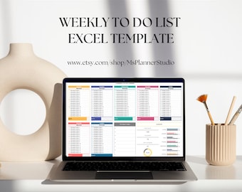 May include: A laptop computer displaying a weekly to-do list Excel template with colorful tabs for each day of the week. The template includes sections for tasks, notes, and a progress tracker. The text "WEEKLY TO DO LIST EXCEL TEMPLATE" is displayed at the top of the screen, along with the website address "www.etsy.com/shop/MsPlannerStudio".