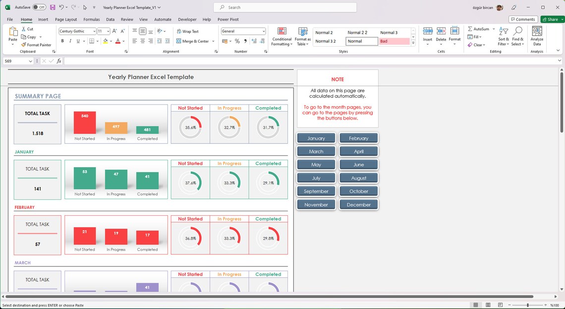 Yearly Planner Excel Template, Yearly Task Tracker Excel Template ...