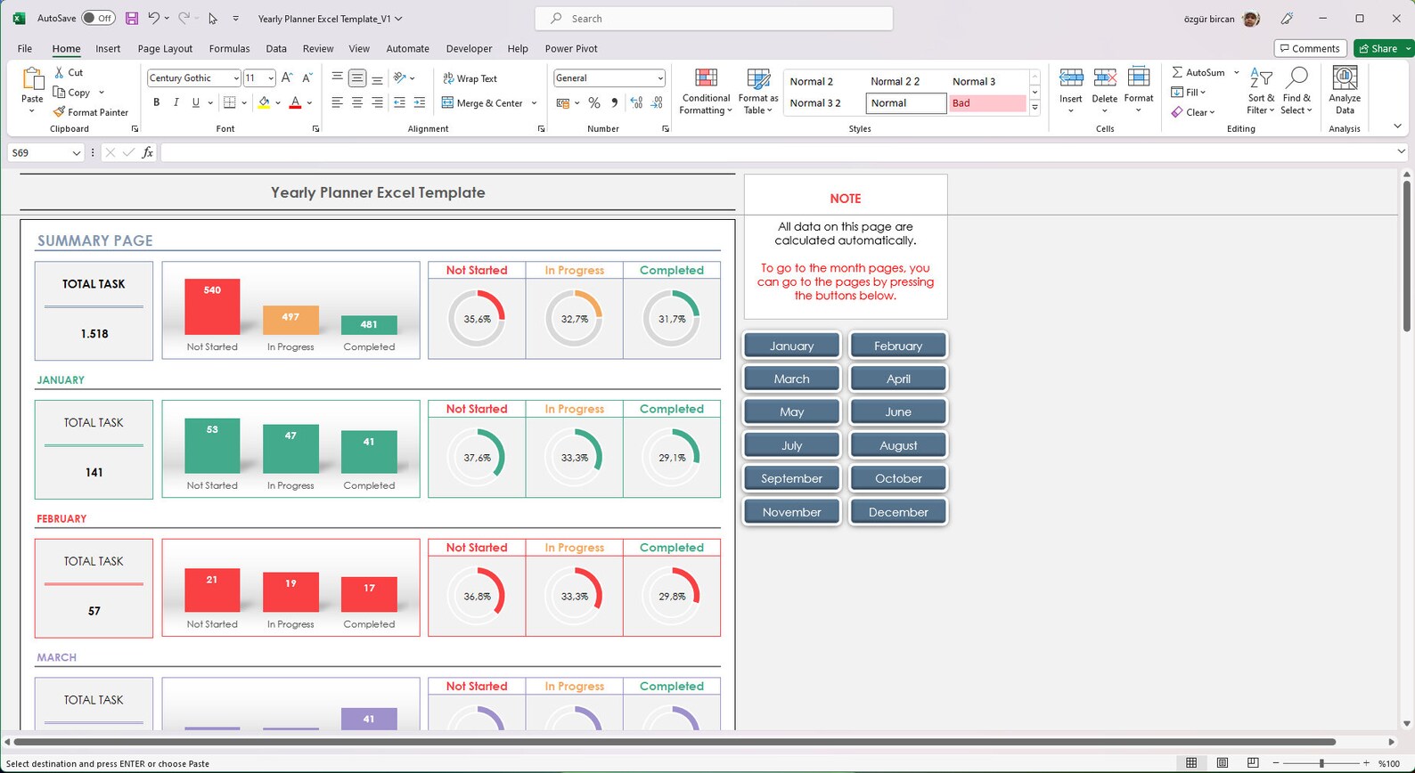 Yearly Planner Excel Template, Yearly Task Tracker Excel Template ...