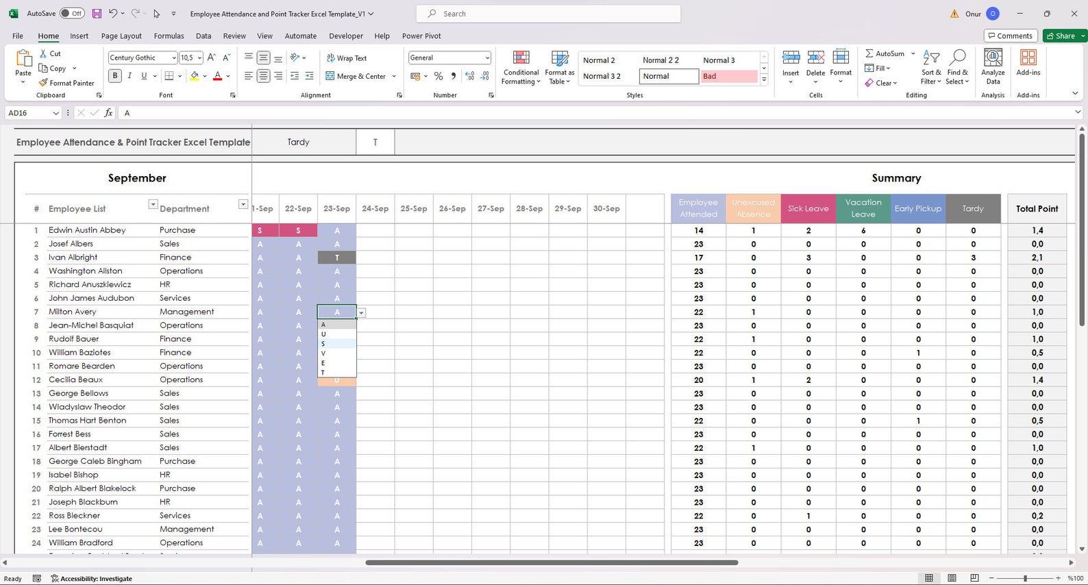 Employee Attendance and Point Tracker Excel Template, Attendance Point