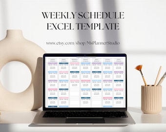 May include: A laptop computer displaying a weekly schedule Excel template on the screen. The template is color-coded and includes columns for each day of the week, with rows for different time slots. The text "MsPlannerStudio" is visible in the URL at the top of the screen.
