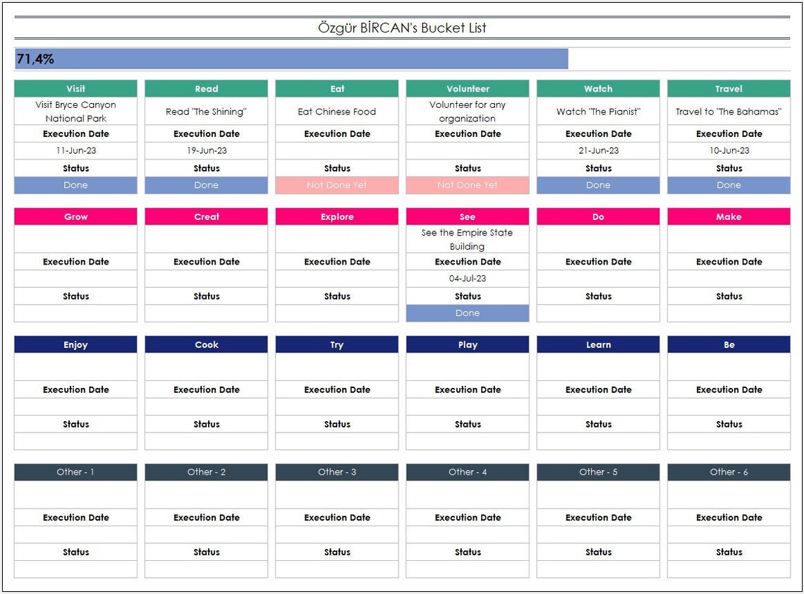 Bucket List Excel Template, Personel Bucket List Tracker, Editable Excel Spreadsheet Etsy