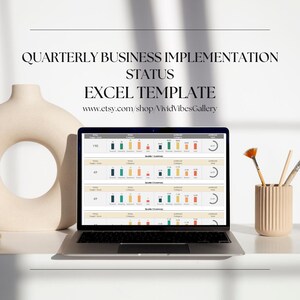 May include: A laptop computer displaying a spreadsheet with a quarterly business implementation status report. The spreadsheet includes charts and graphs with data for each quarter. The laptop is on a white surface with a beige ceramic vase and paintbrushes.