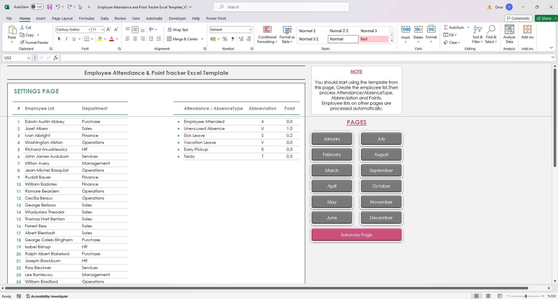 Employee Attendance and Point Tracker Excel Template, Attendance Point