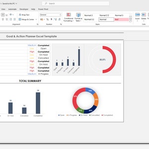 May include: A spreadsheet with a goal and action planner template. The spreadsheet includes a chart showing the number of goals completed, in progress, on hold, canceled, and open. The spreadsheet also includes a pie chart showing the percentage of goals completed, in progress, on hold, canceled, and open.