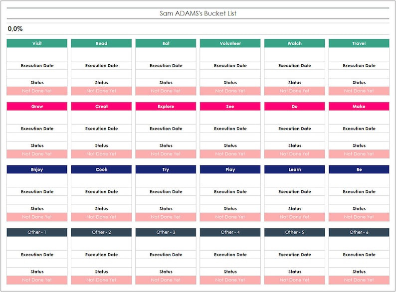 Bucket List Excel Template, Personel Bucket List Tracker, Editable