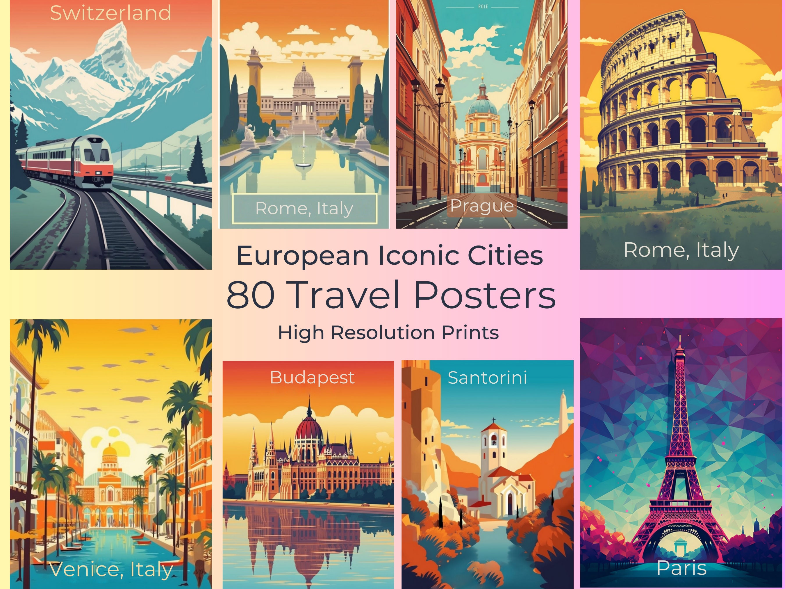80 Europe Travel Posters Digital Prints European Iconic Cities Etsy