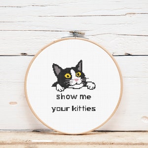 May include: A black and white cat with yellow eyes peeks over a white background with the text "show me your kitties".