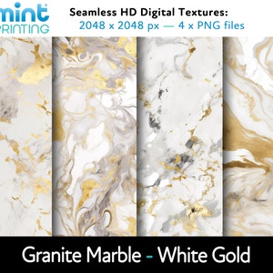 May include: Four seamless digital textures of white and gold marble. The textures are 2048 x 2048 pixels and are available as PNG files. The text "Granite Marble - White Gold" is at the bottom of the image.