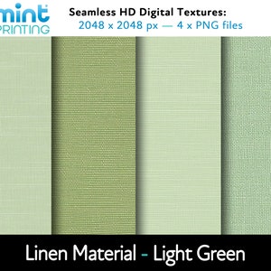 Puede incluir: Cuatro texturas digitales sin costuras de tela de lino verde claro. Cada textura tiene 2048 x 2048 píxeles y está disponible como archivo PNG. Las texturas están etiquetadas como "Linen Material - Light Green".