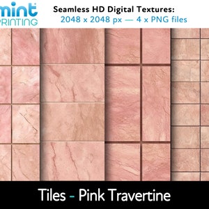 May include: Four seamless digital tile textures in pink travertine. Each texture is 2048 x 2048 pixels and is available as a PNG file.