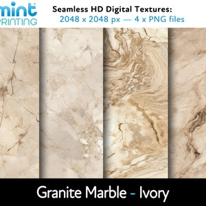 Può includere: Quattro texture digitali senza cuciture di marmo di granito avorio. Ogni texture è di 2048 x 2048 pixel ed è disponibile come file PNG.